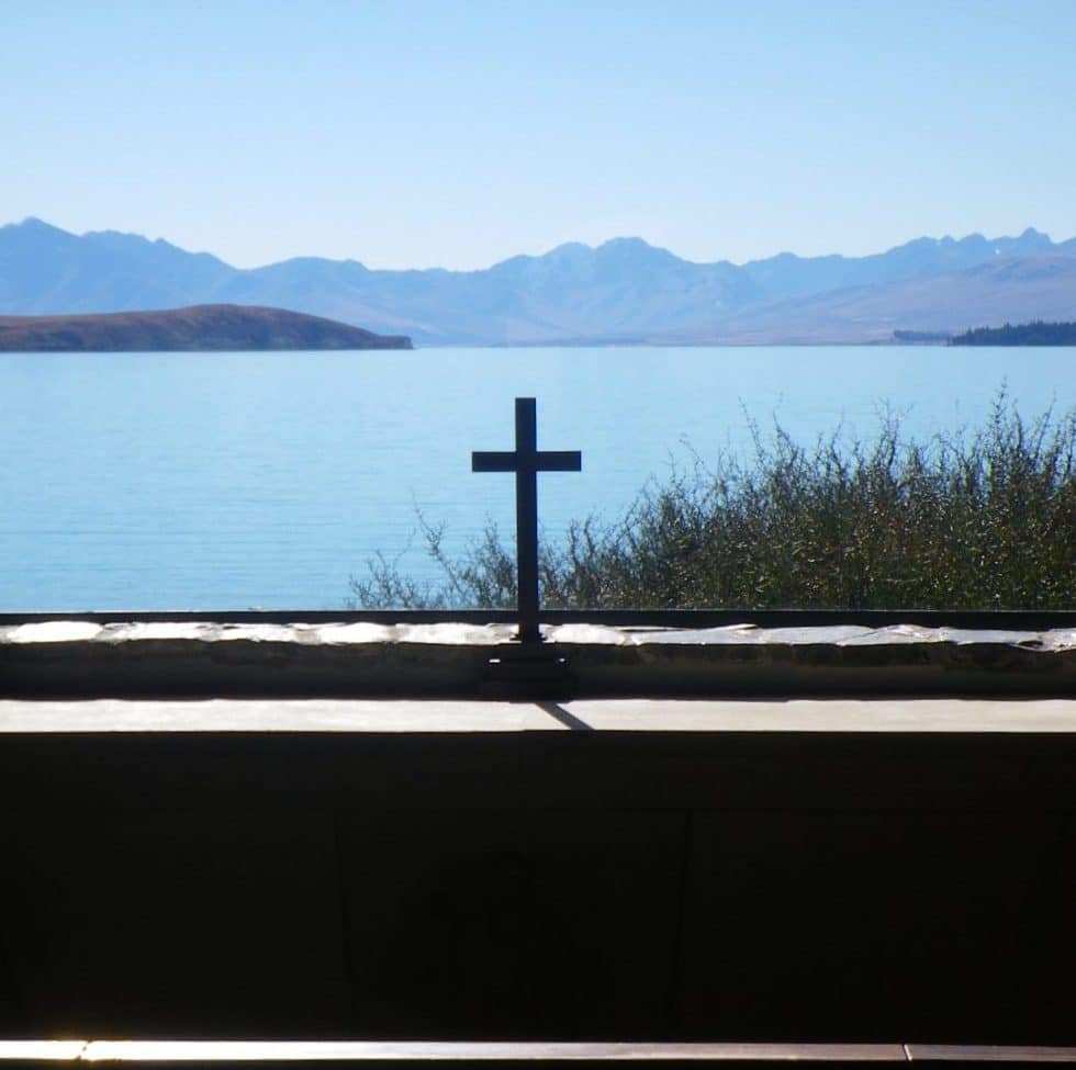 View from the Church of the Good Shepherd overlooking Lake Tekapo, New Zealand