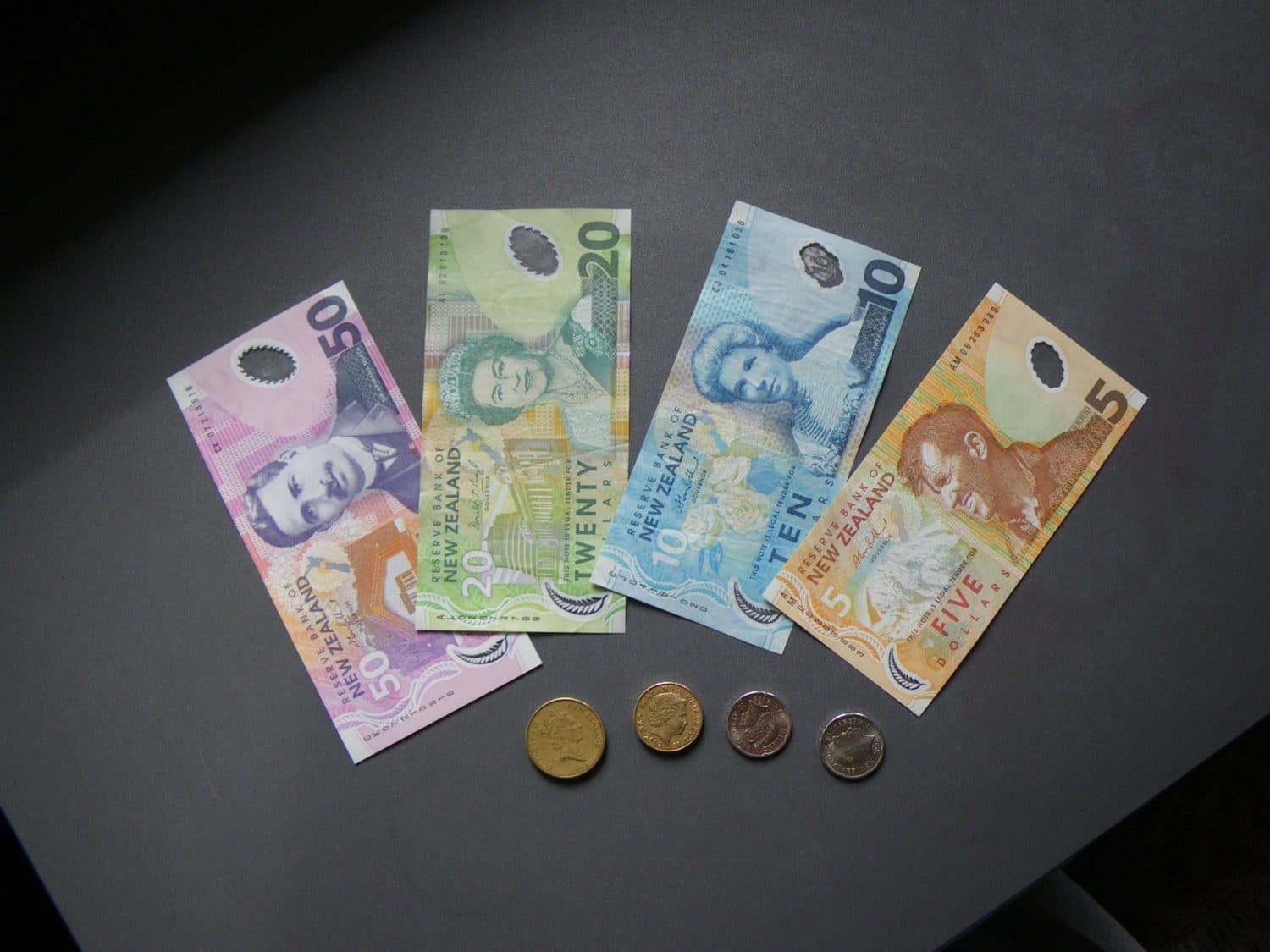 Colorful New Zealand currency with coins
