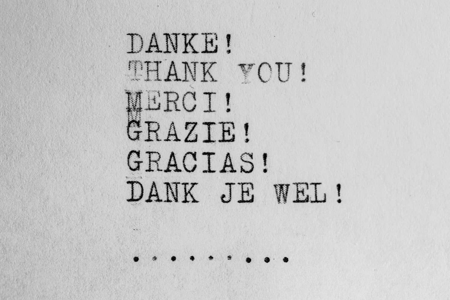 Thank you typed from a typewriter in 6 languages