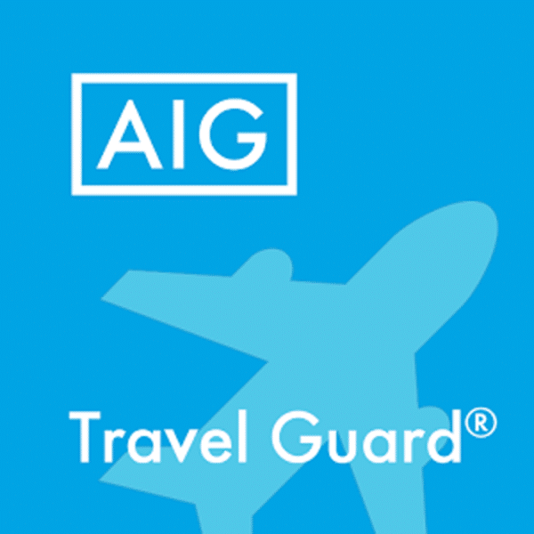 AIG letters and Travel Guard logo on blue square with light blue plane background