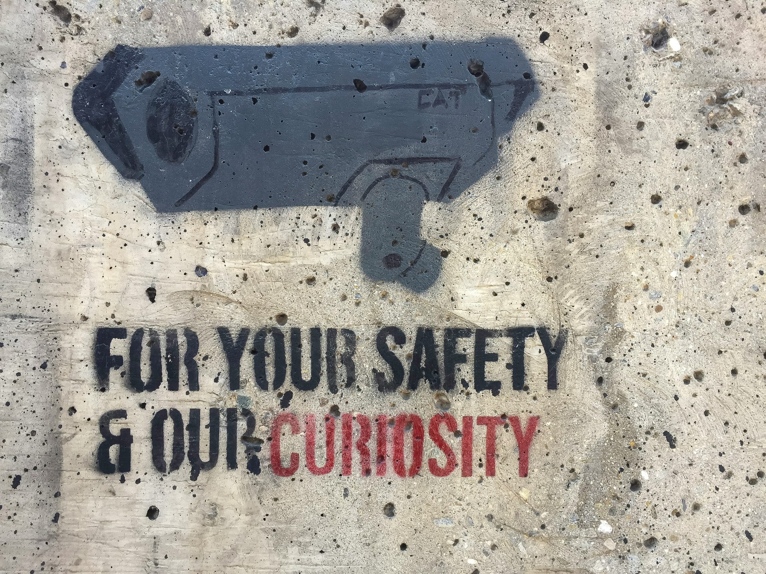 Spray painted image of a surveillance camera on concrete with the phrase "For your safety and our curiosity"
