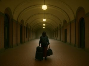 Girl loaded down with luggage standing in an empty, old, brick, bus station corridor