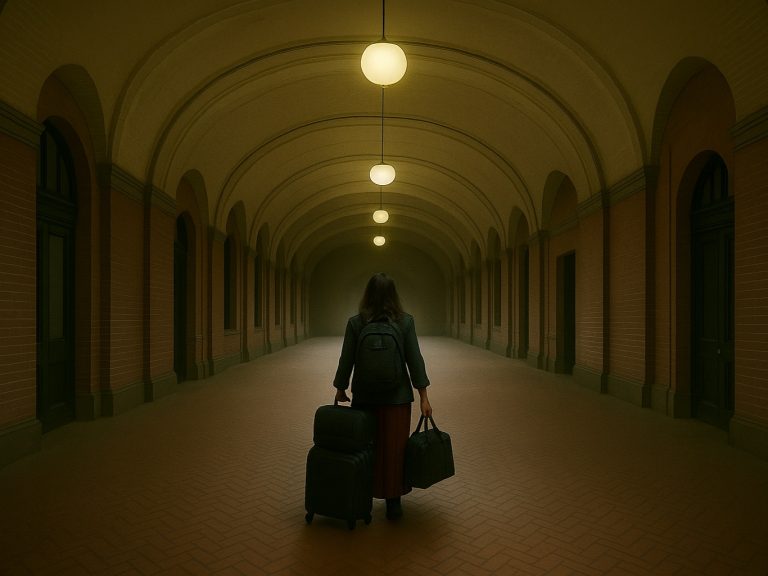 Girl loaded down with luggage standing in an empty, old, brick, bus station corridor